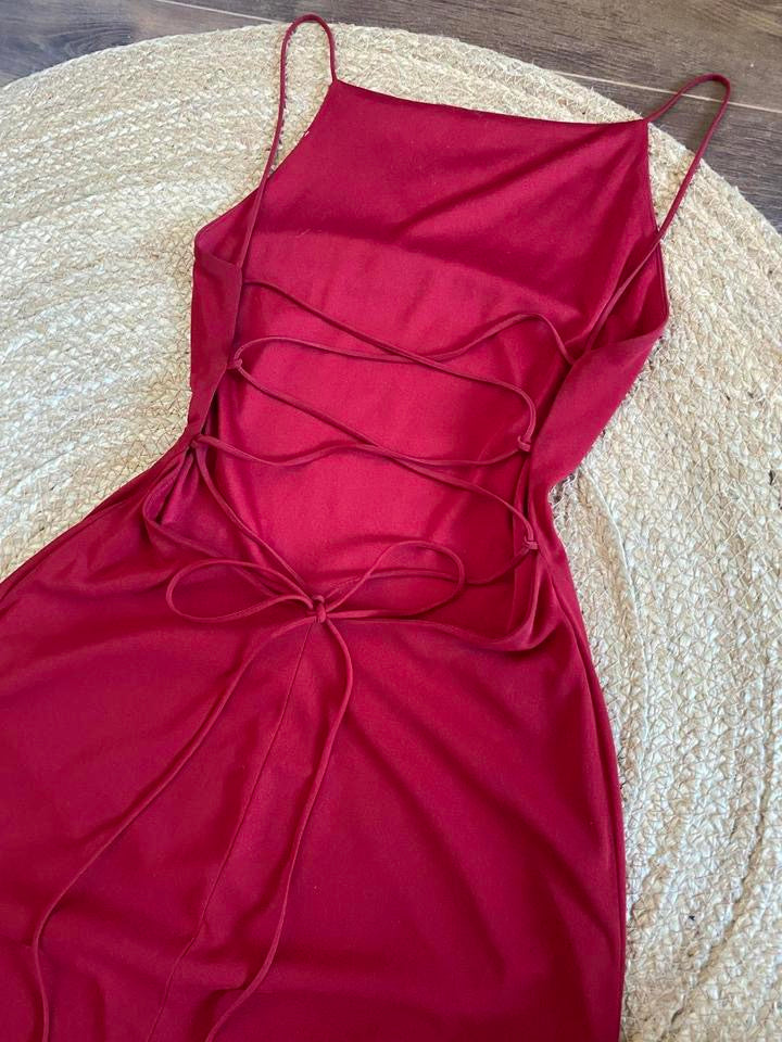 Red stretch 90s lace back evening dress uk 10