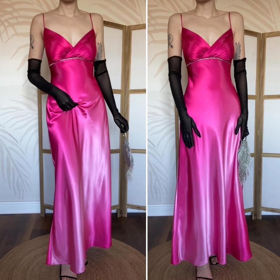 Silky pink ombré diamanté evening dress UK 14