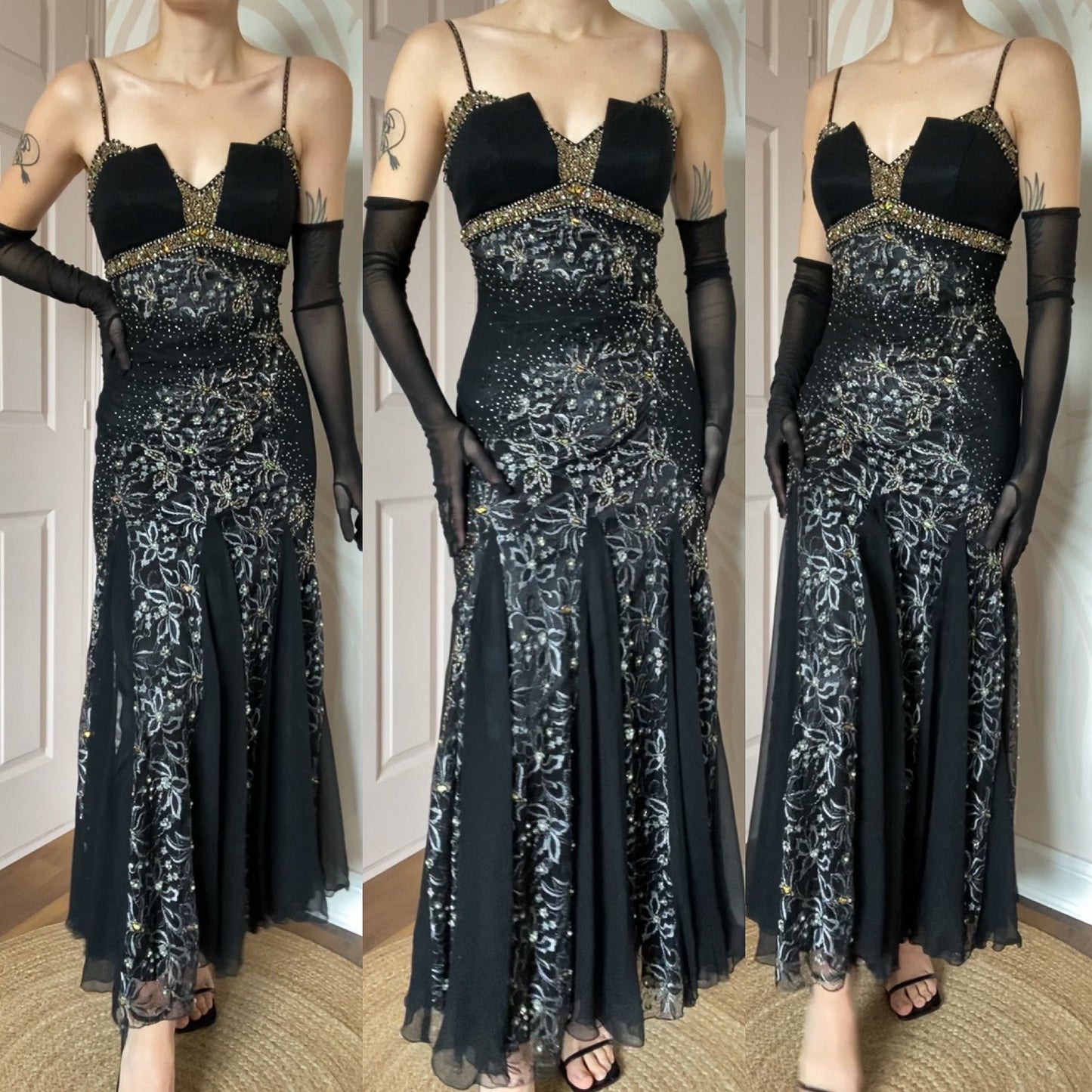 100% silk beaded lace black dress UK 10-12