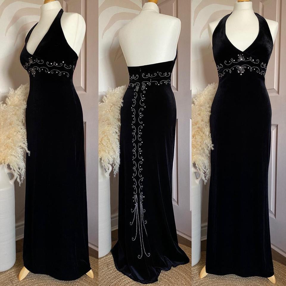 Dave & Johnny black velvet beaded halter-neck dress uk 12