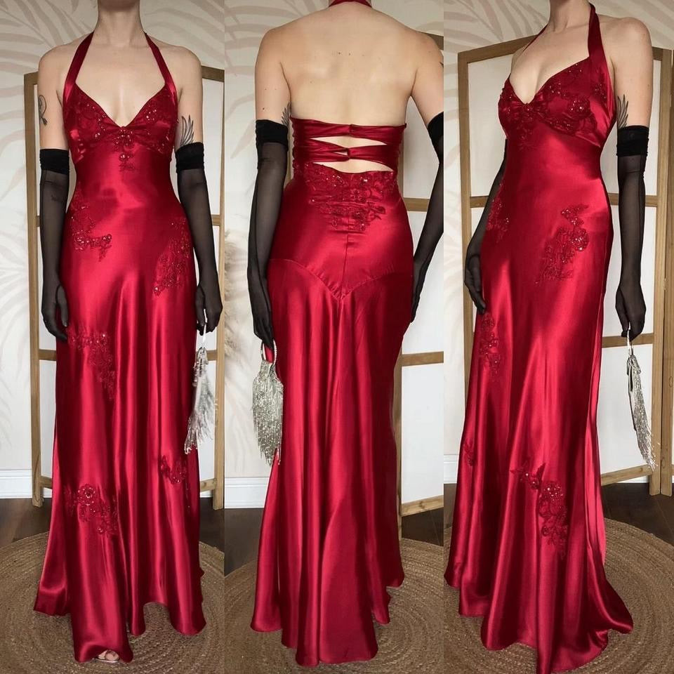 Niki Livas red satin halter-neck evening dress uk 12