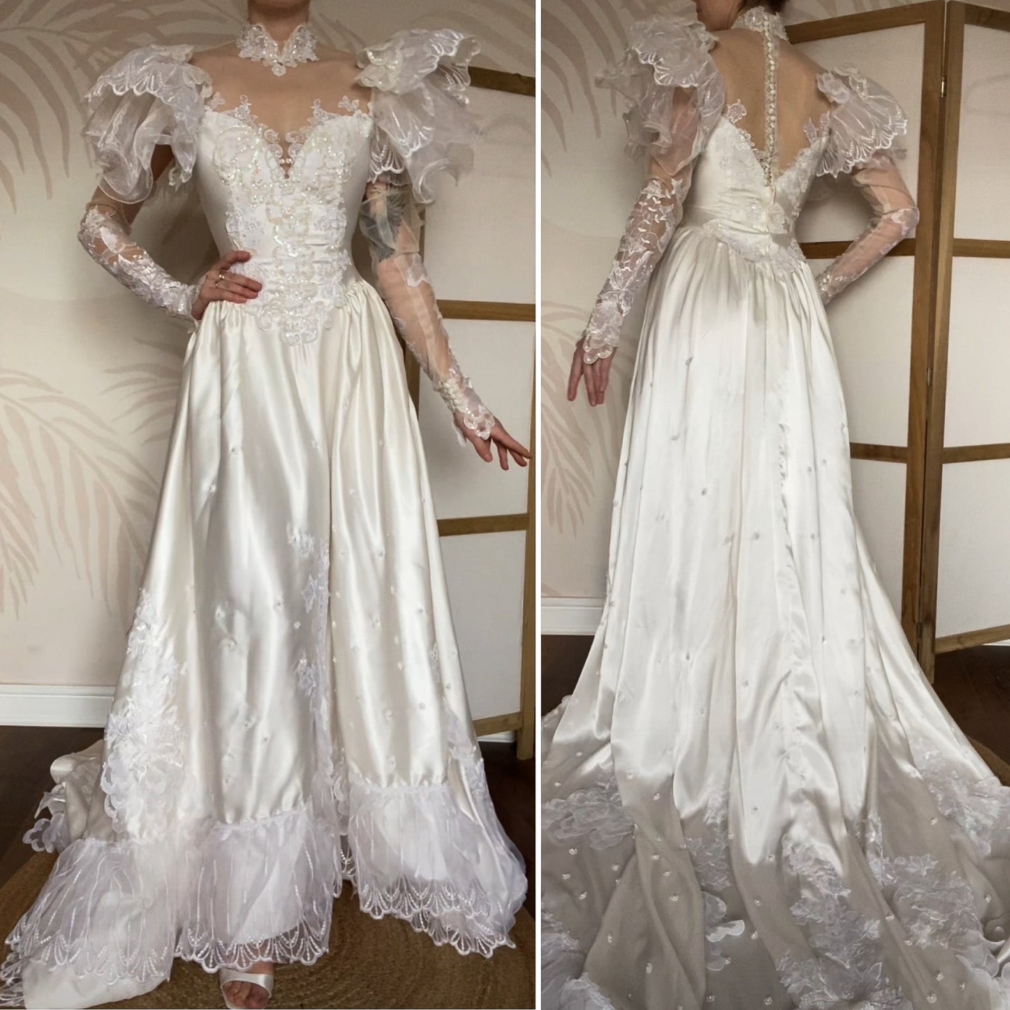 80s lace satin wedding dress with removable sleeves UK 10