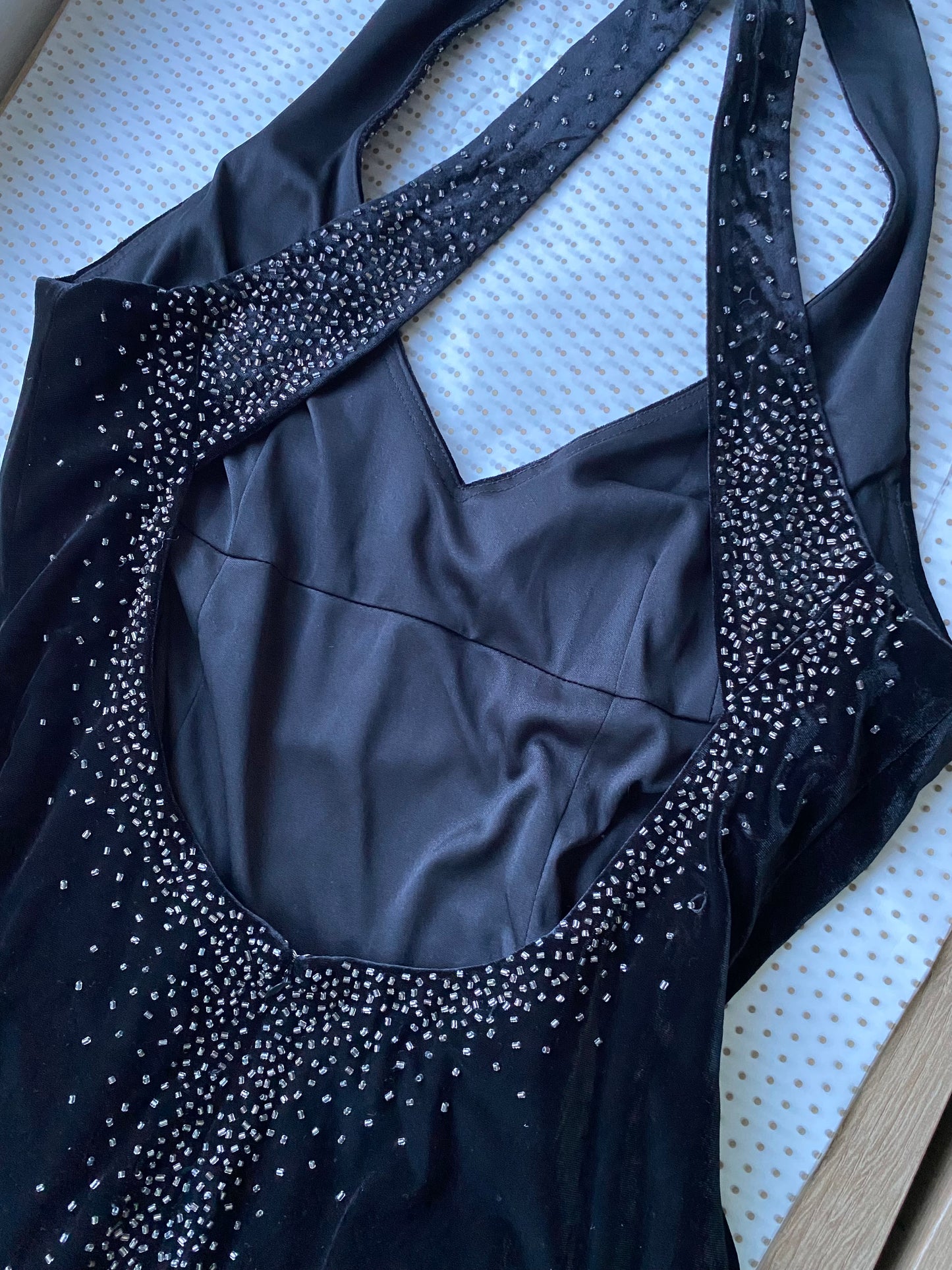 Black velvet beaded stretch evening dress UK 16