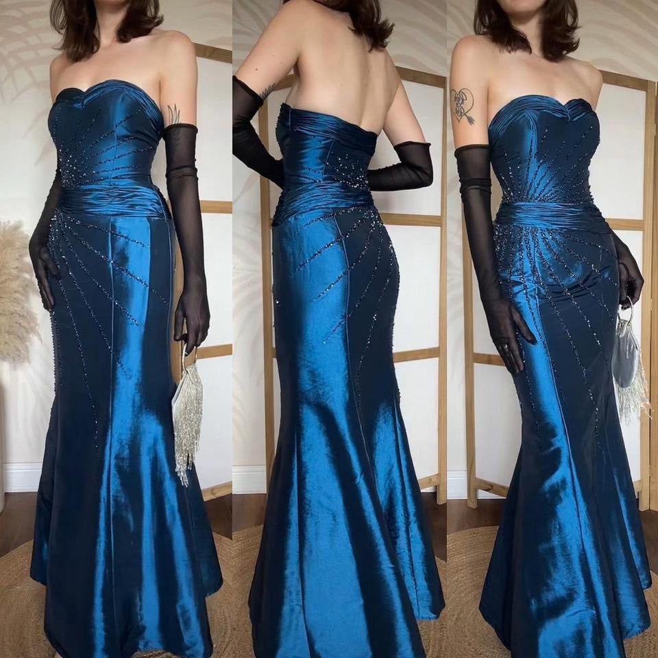 Dynasty blue beaded strapless prom dress uk 10-12