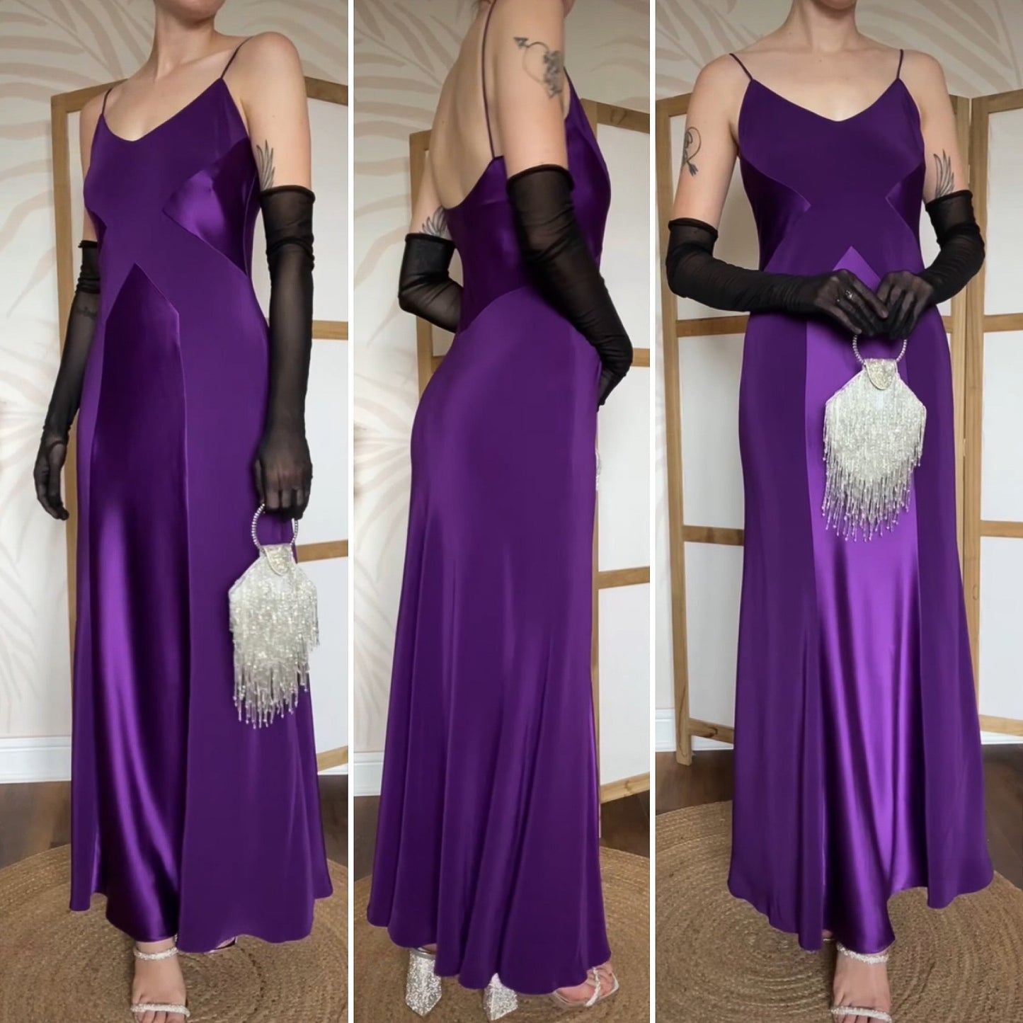 Purple satin panel slip evening gown UK 10-12