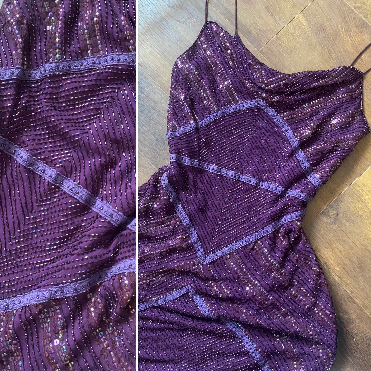 Purple 100% silk beaded evening gown uk 10-12
