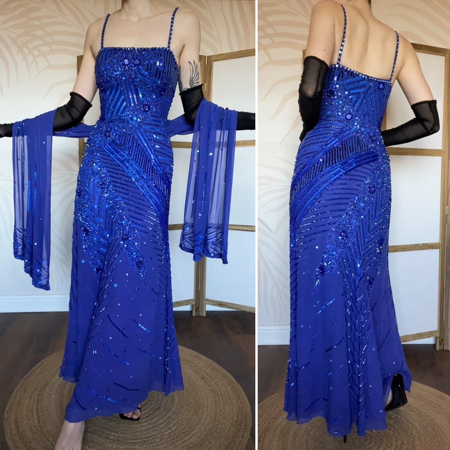 Frank Usher 100% silk beaded blue evening dress & shawl UK 12
