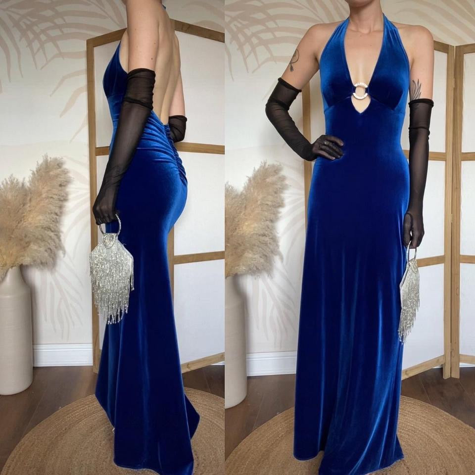 Zum Zum blue velvet halter-neck evening dress uk 12