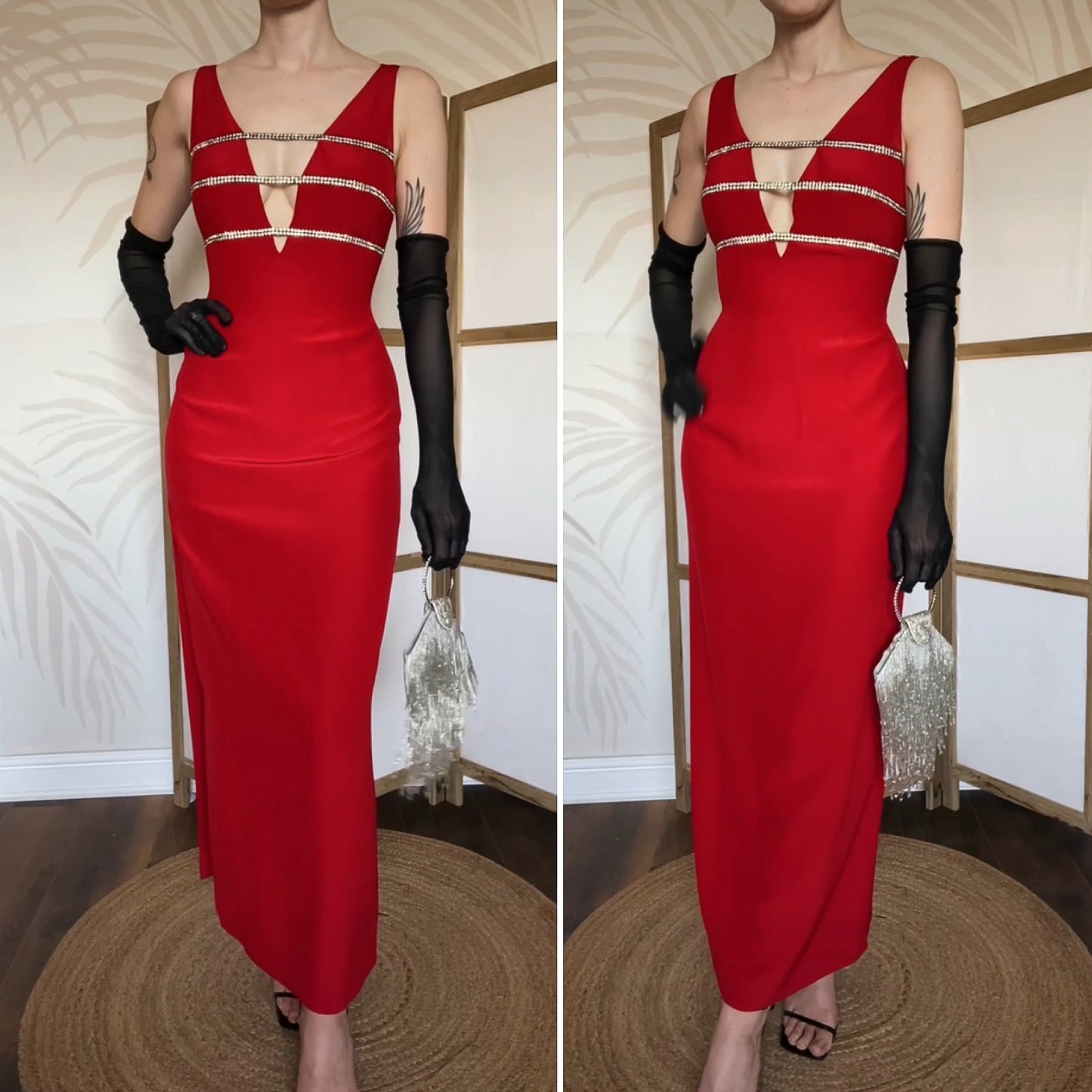 Red Dusk low cut diamanté evening dress uk 12