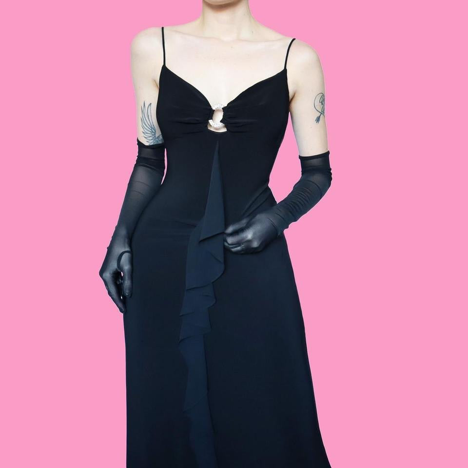 Black 90s stretch frill slip dress UK 12-14