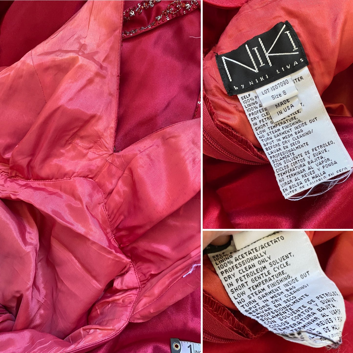 Niki Livas red satin open back evening dress uk 10