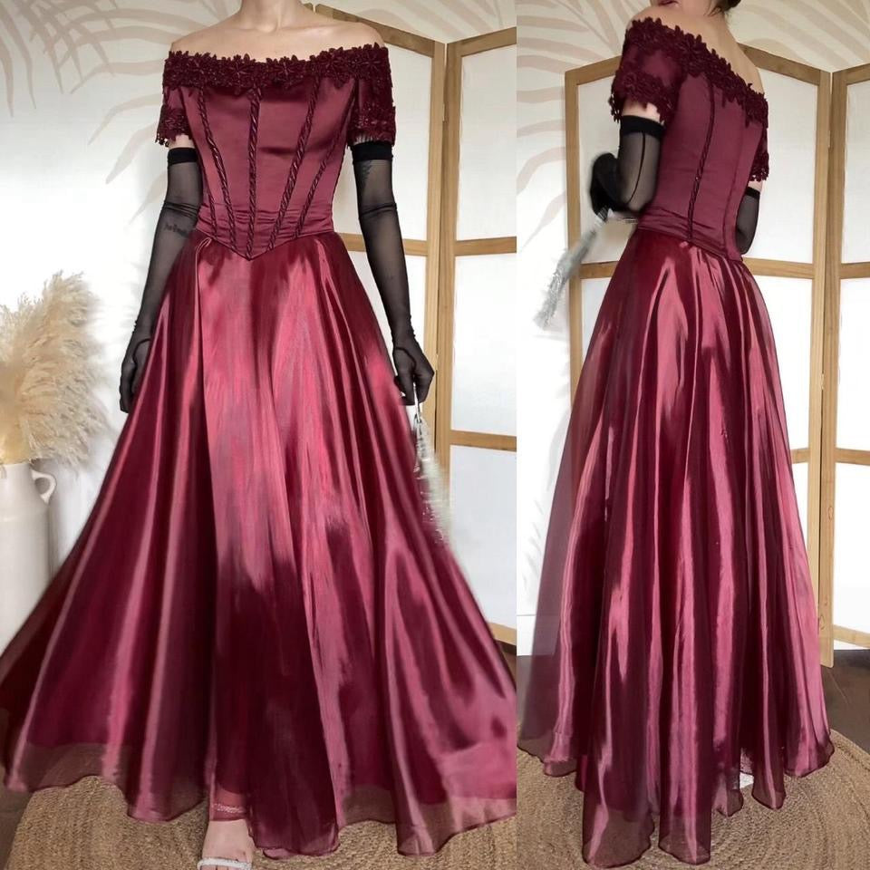 Burgundy off shoulder a-line prom dress uk 14