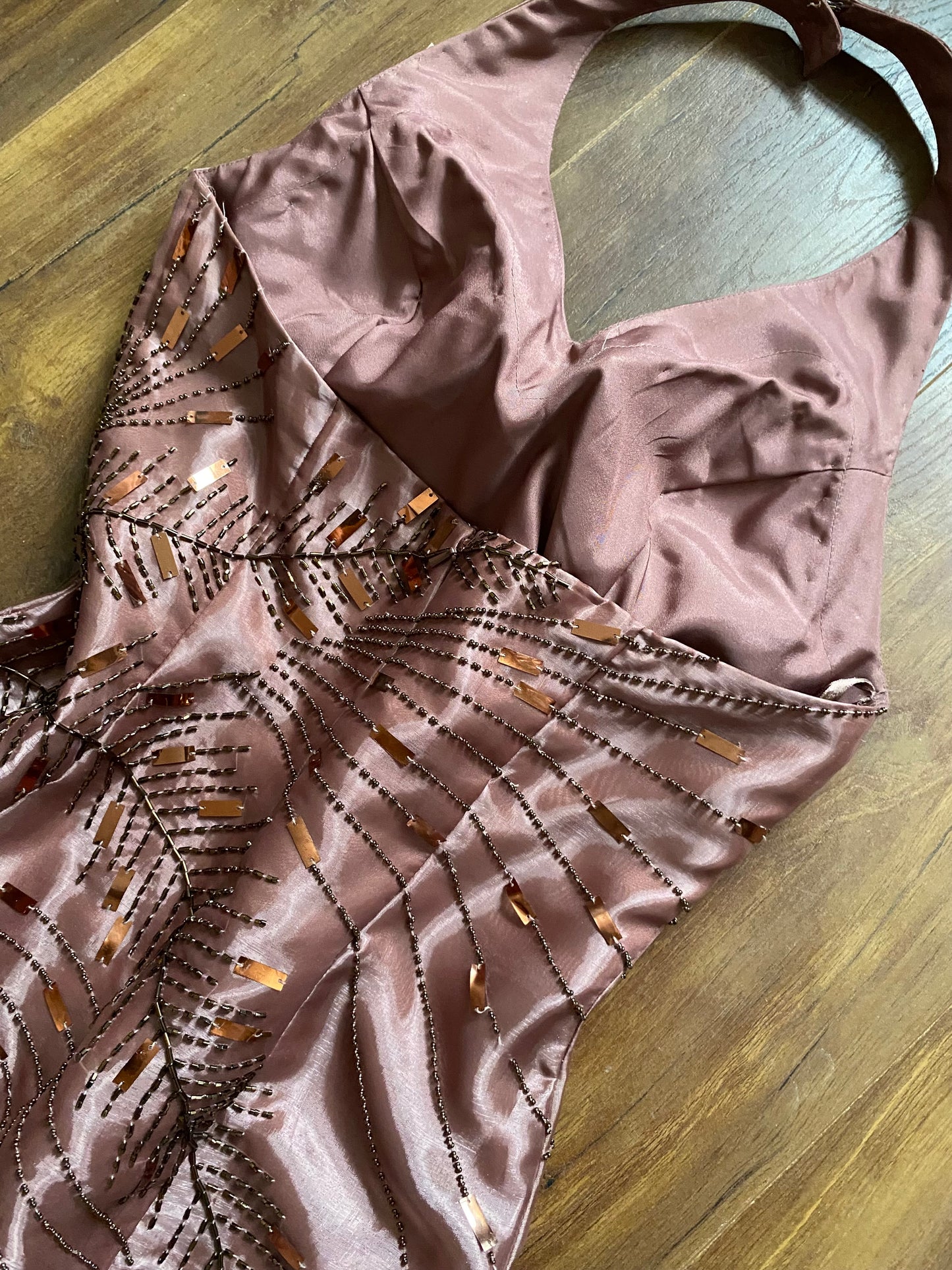 Yve London rose gold beaded halter evening dress UK 12