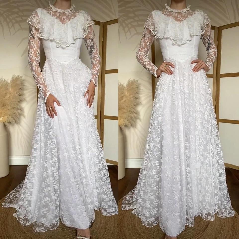 Pronuptia vintage white lace long sleeve wedding dress uk 10