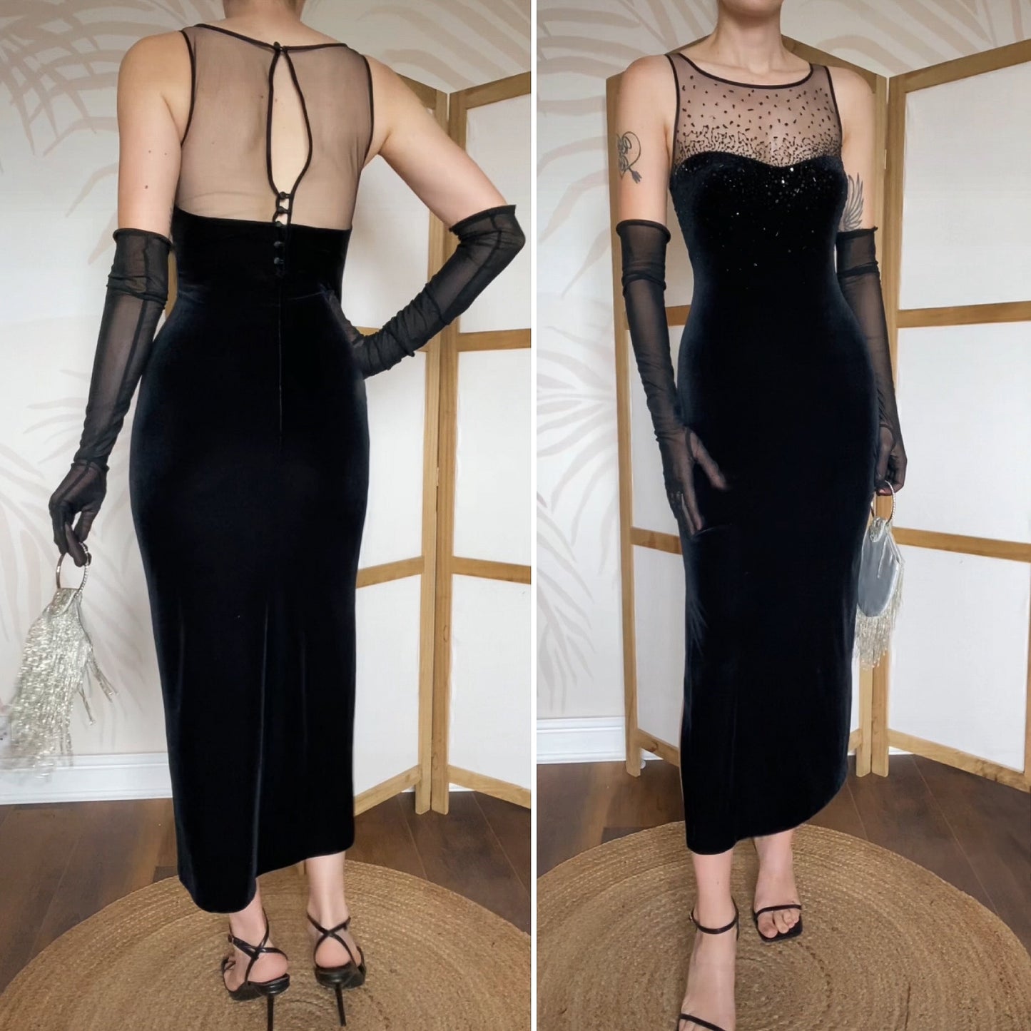 Black velvet Debut stretch beaded evening dress uk 12