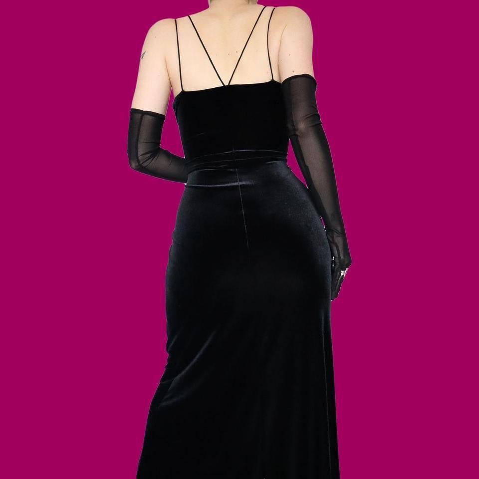 Black velvet stretch evening gown UK 12