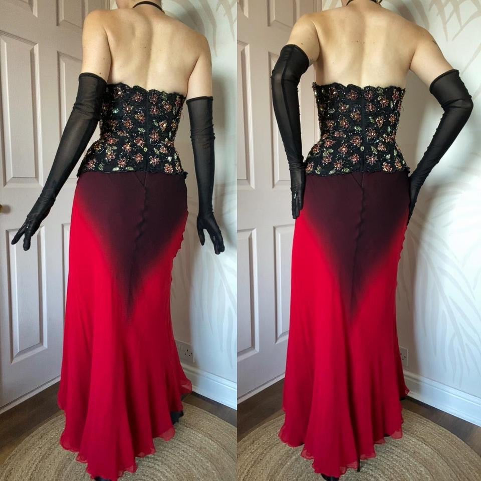 Red & black YVE London silk strapless gown UK 10