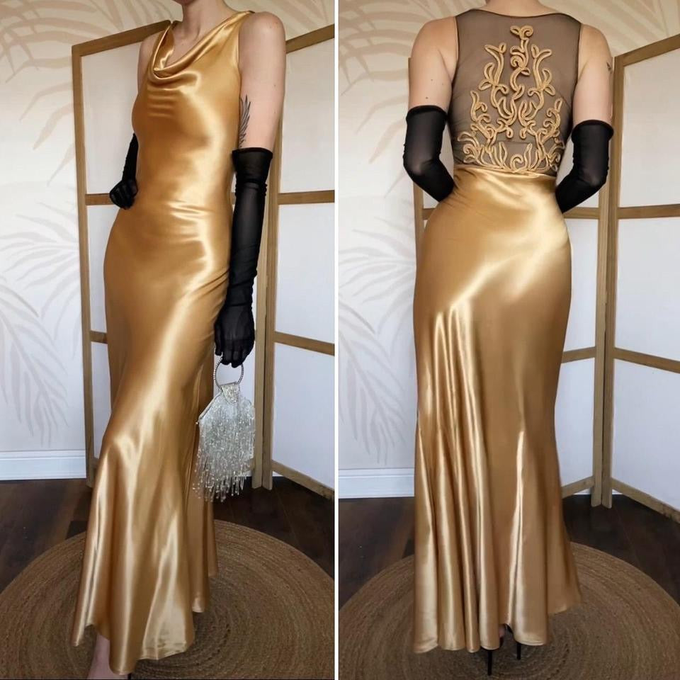 Gold YVE London satin evening dress uk 6/xs