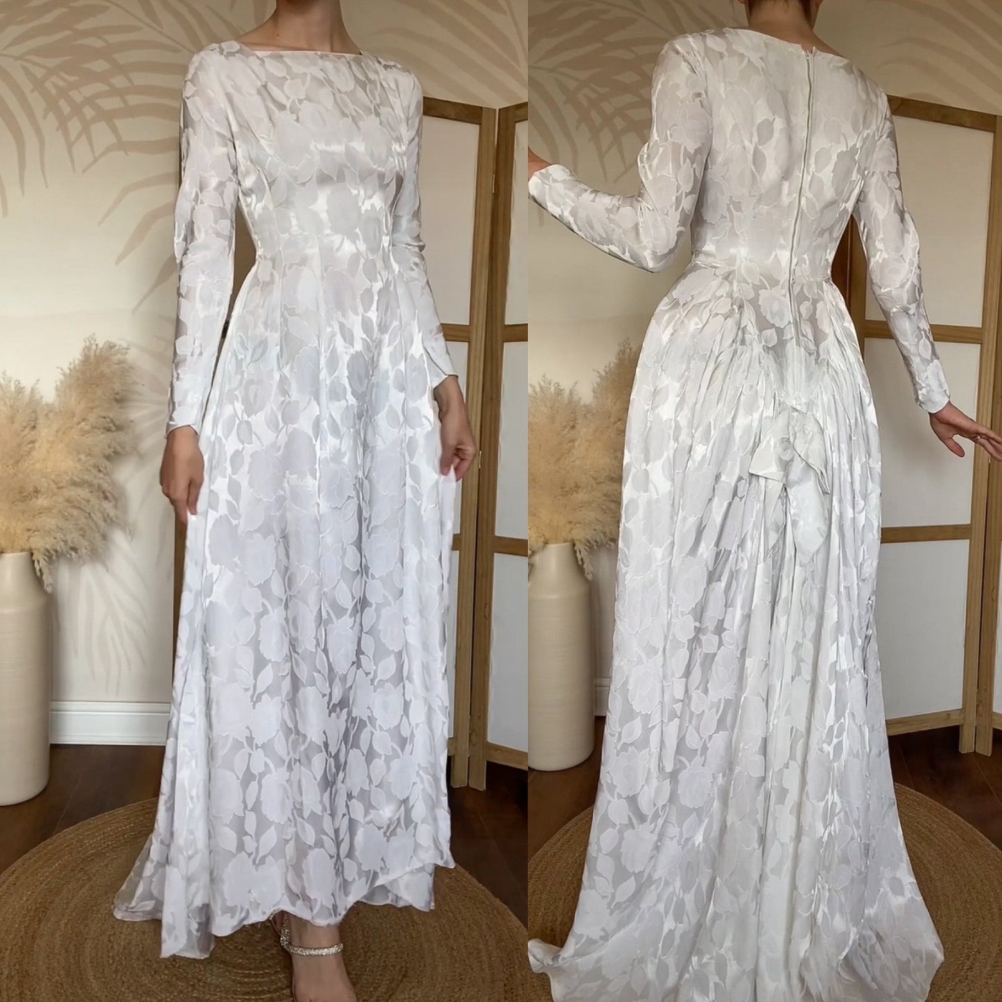70s white damask floral long sleeve wedding dress uk 8-10