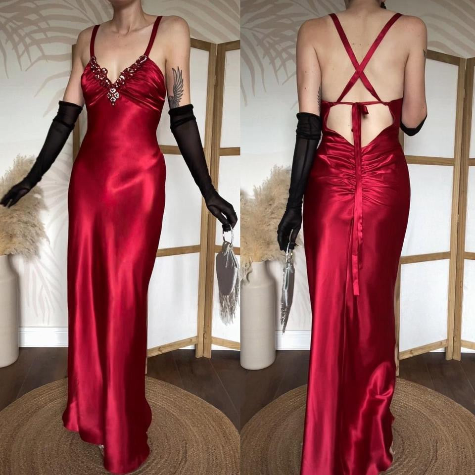 Niki Livas red satin prom dress uk 10