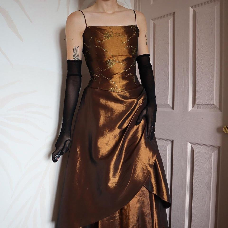 YVE London silky brown layered evening gown UK 12