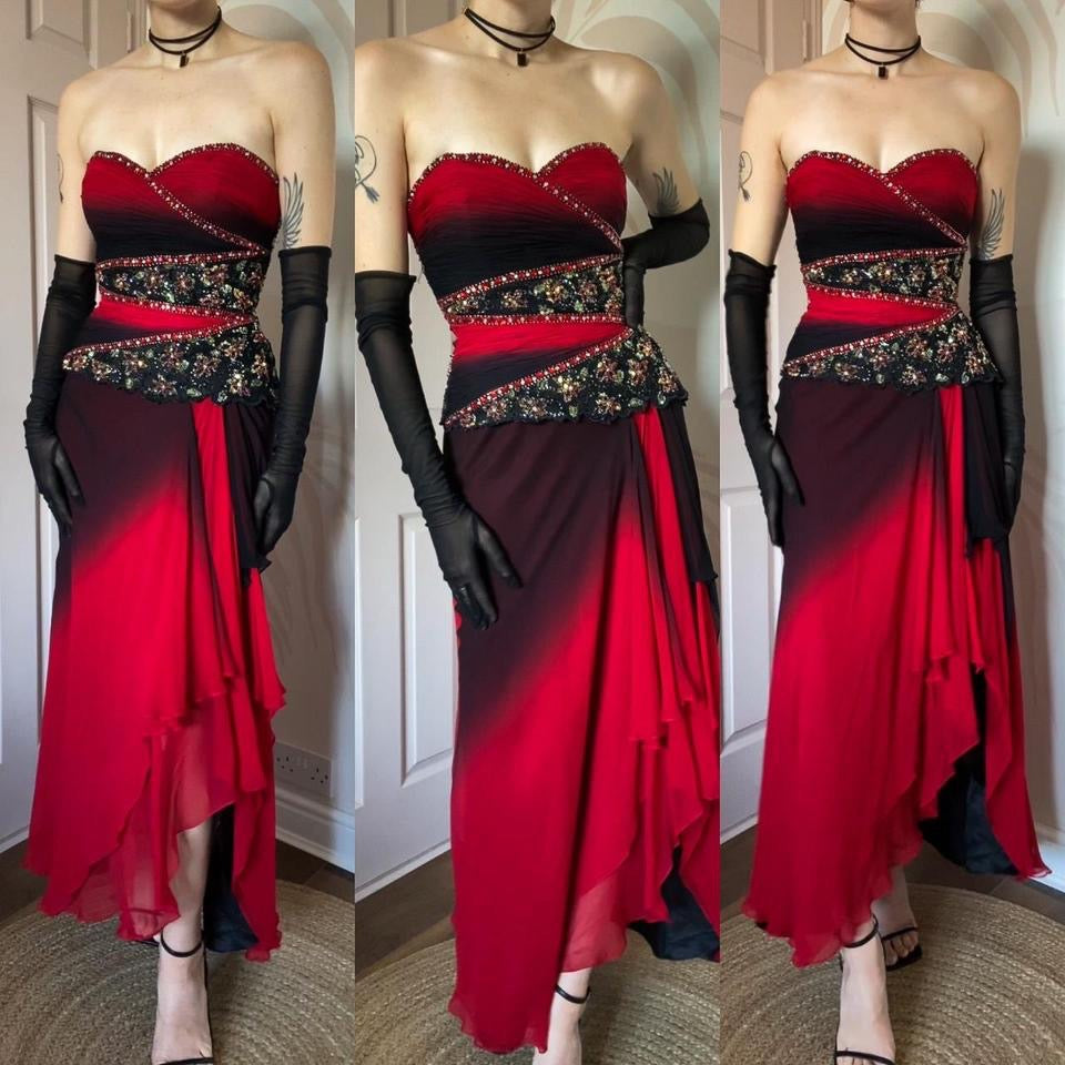 Red & black YVE London silk strapless gown UK 10