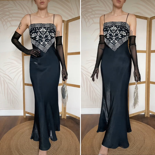 YVE London black silky slip dress UK 8-10