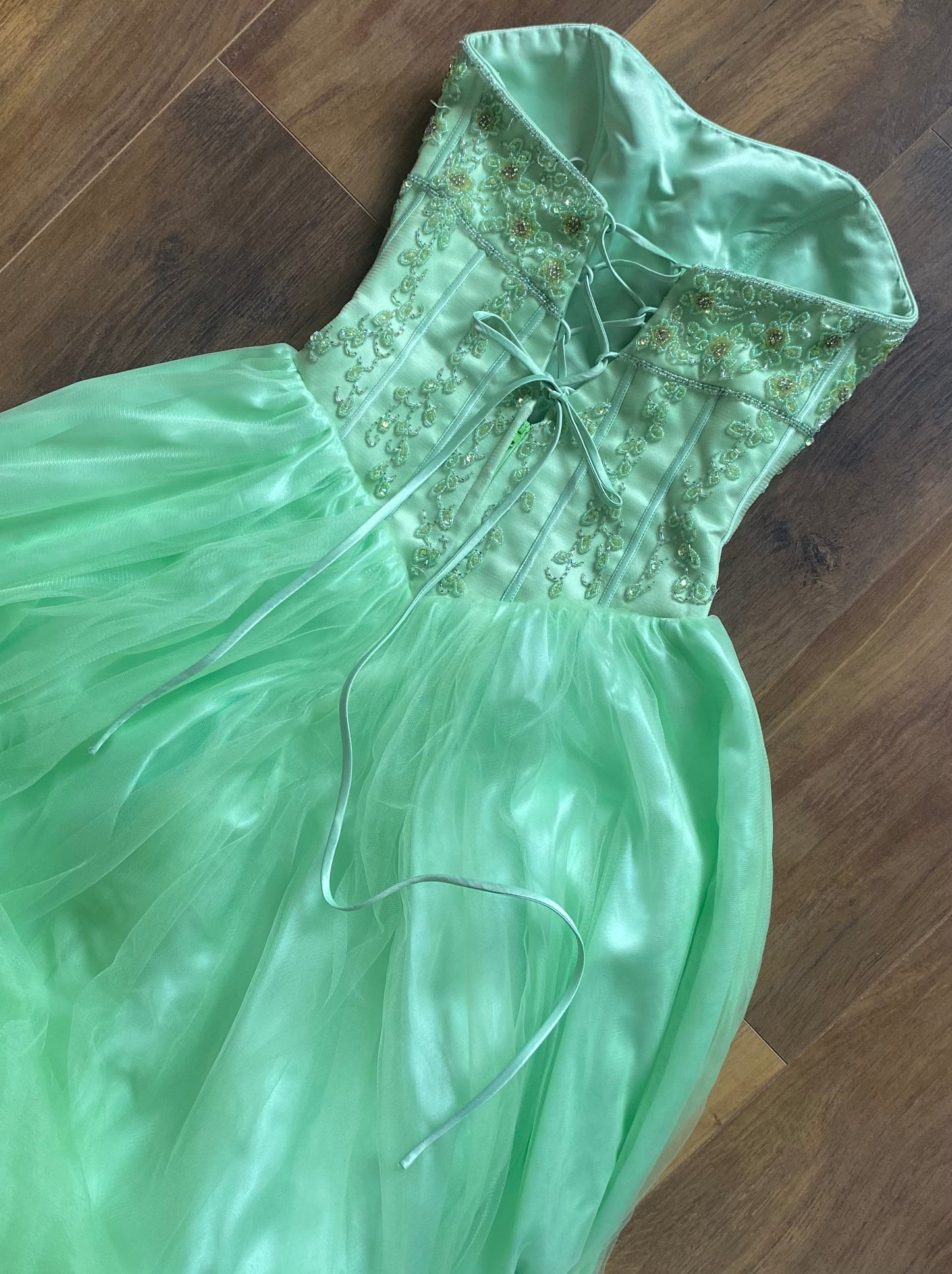 Bright green Tiffany Bling strapless a-line beaded prom dress UK 8