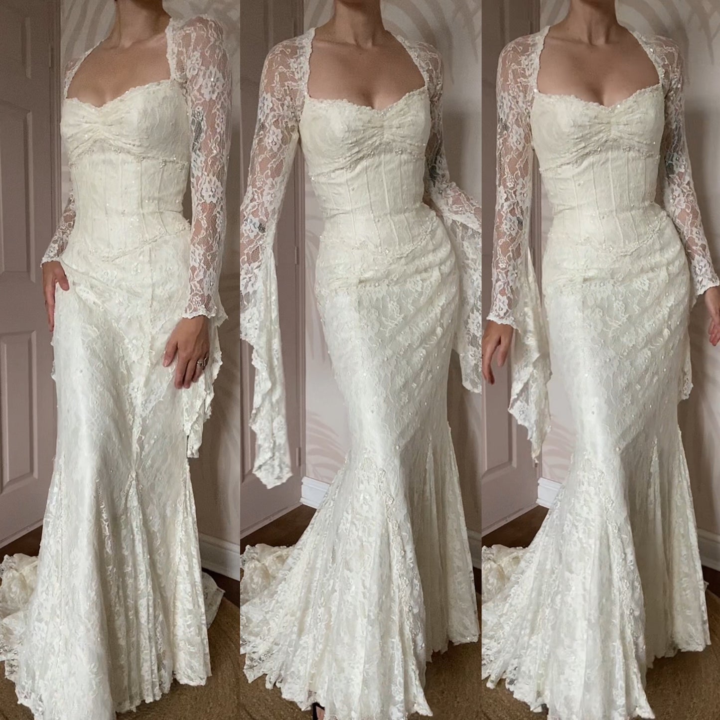 Ian Stuart ivory lace long sleeve wedding dress UK 10