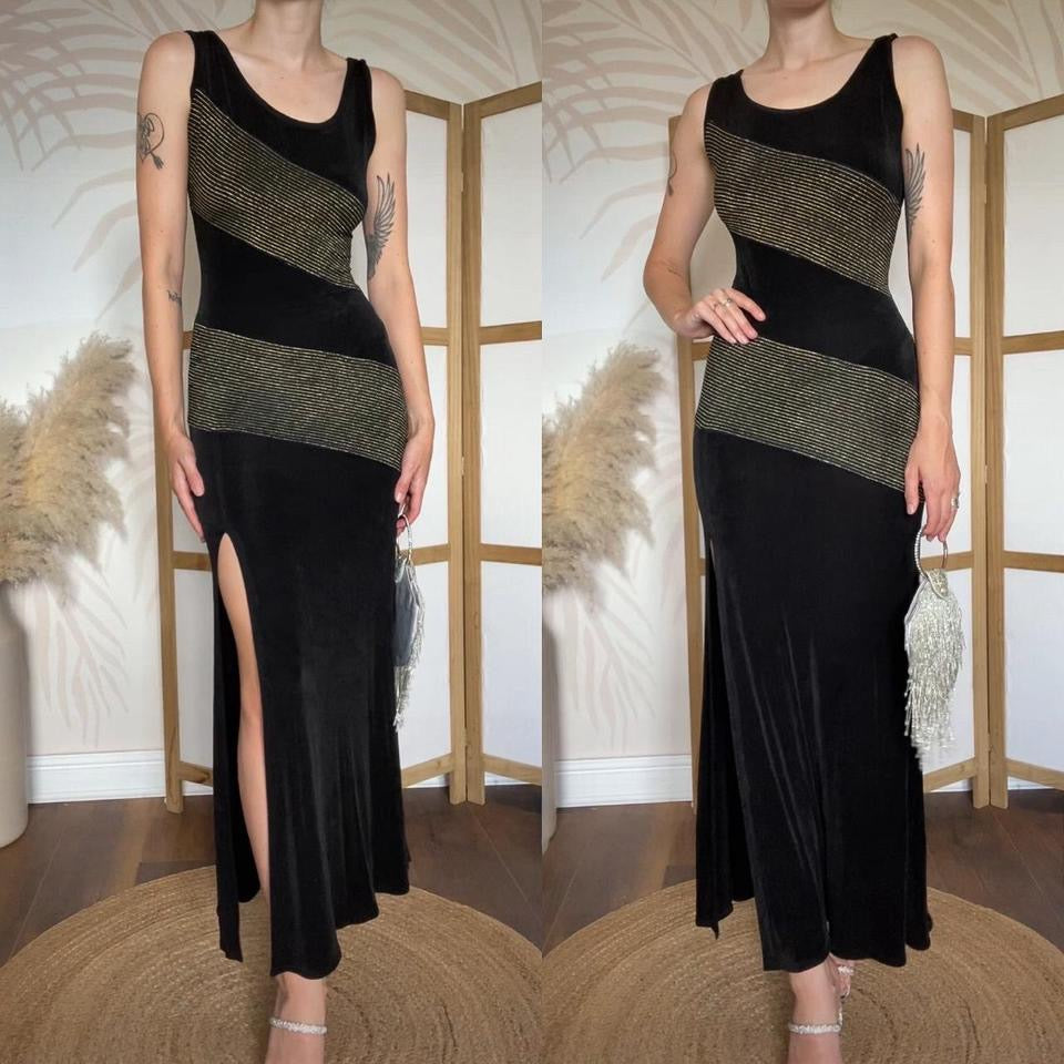 Bernshaw black & gold stretchy bodycon dress uk 10