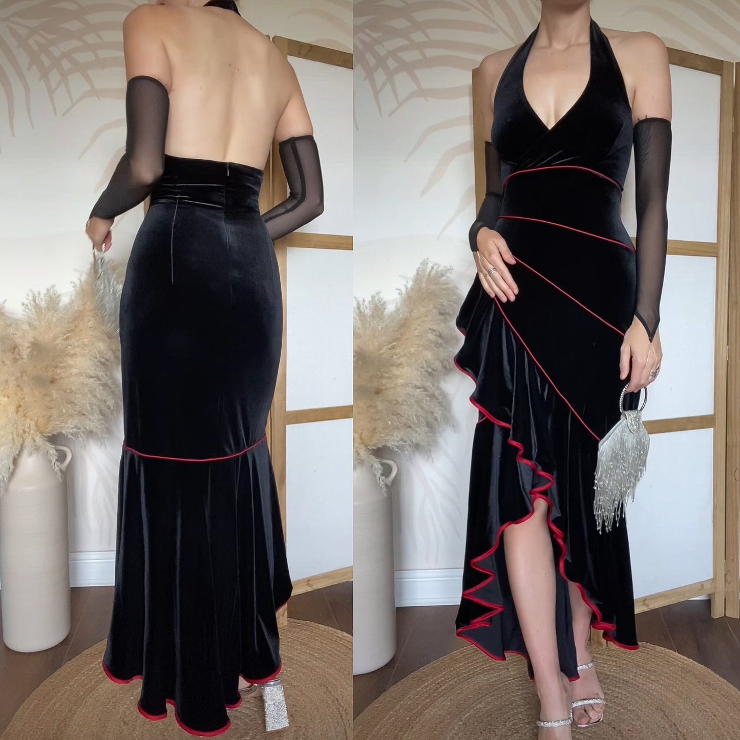 Vintage Niki Livas black velvet halter neck gown UK 14