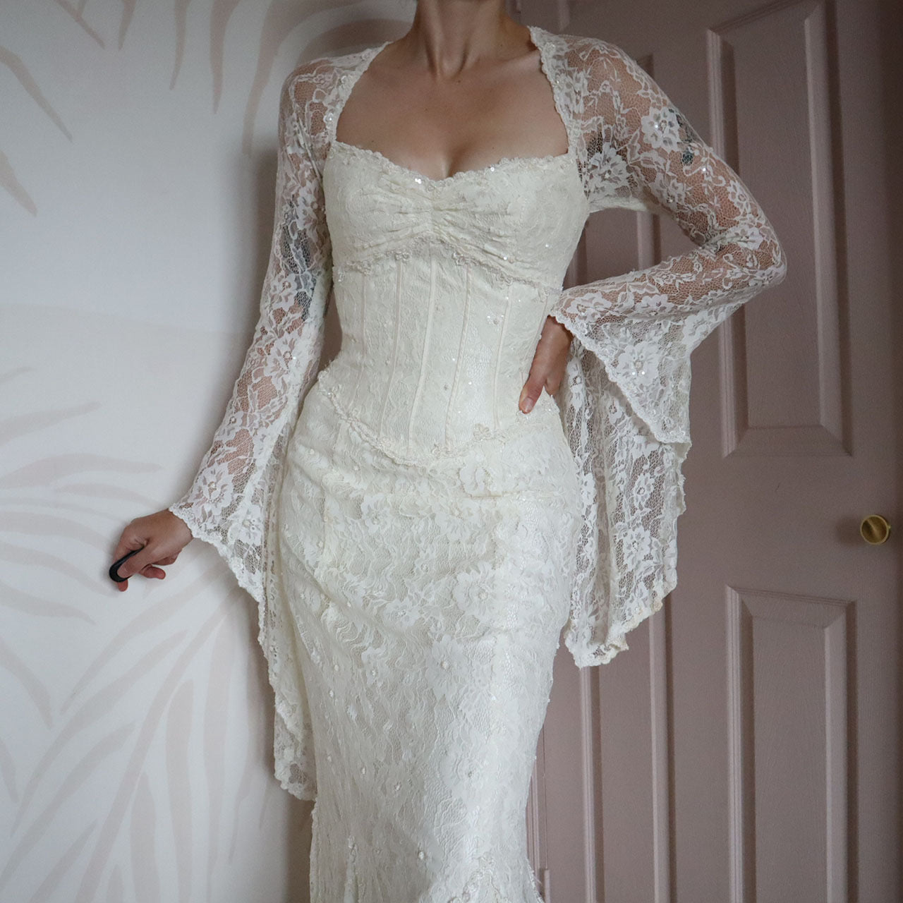 Ian Stuart ivory lace long sleeve wedding dress UK 10