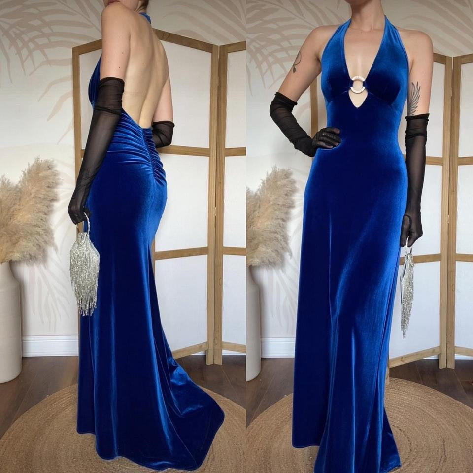 Zum Zum blue velvet halter-neck evening dress uk 12