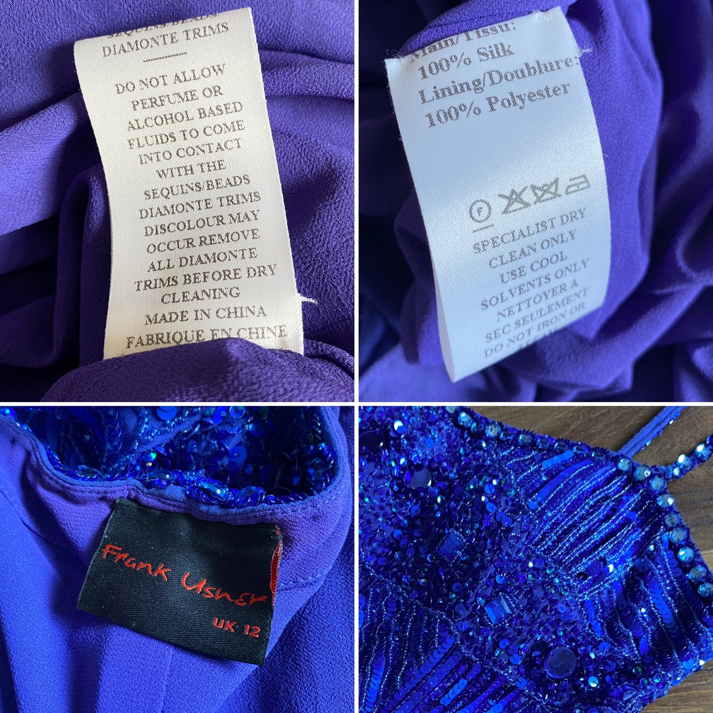 Frank Usher 100% silk beaded blue evening dress & shawl UK 12