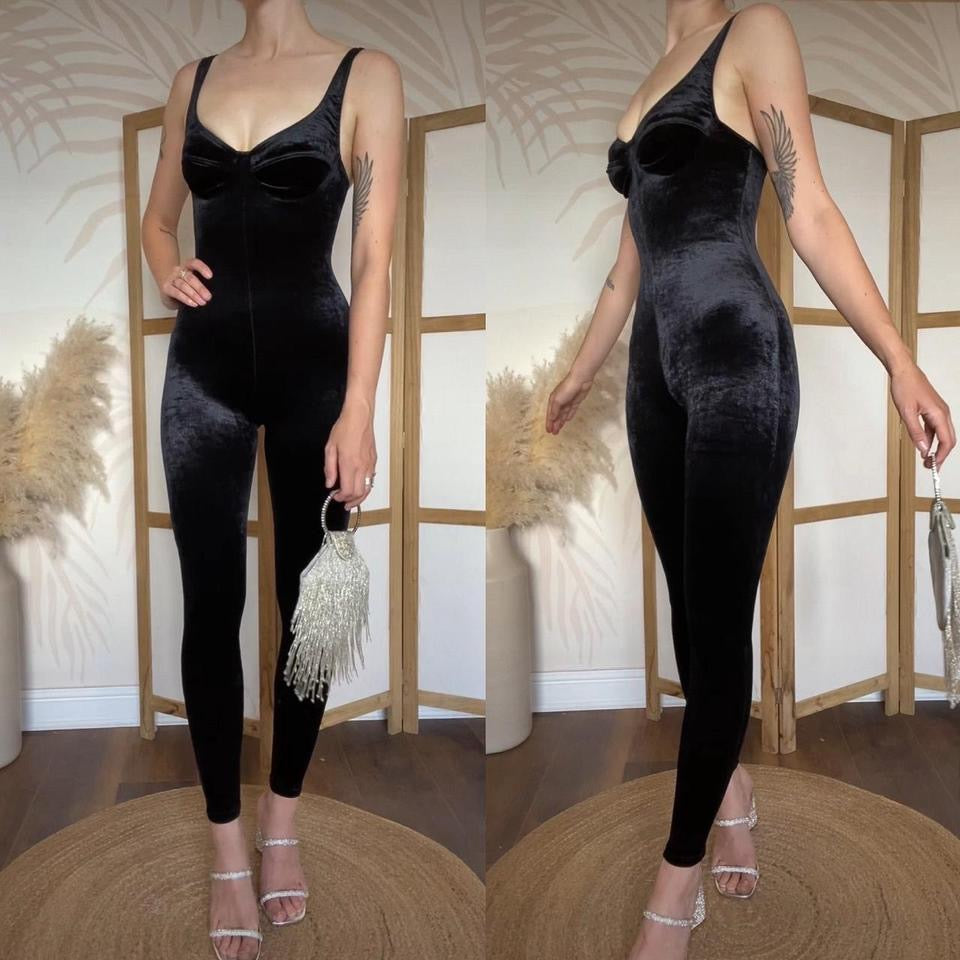 Black velvet stretch bodycon jumpsuit uk 6/8