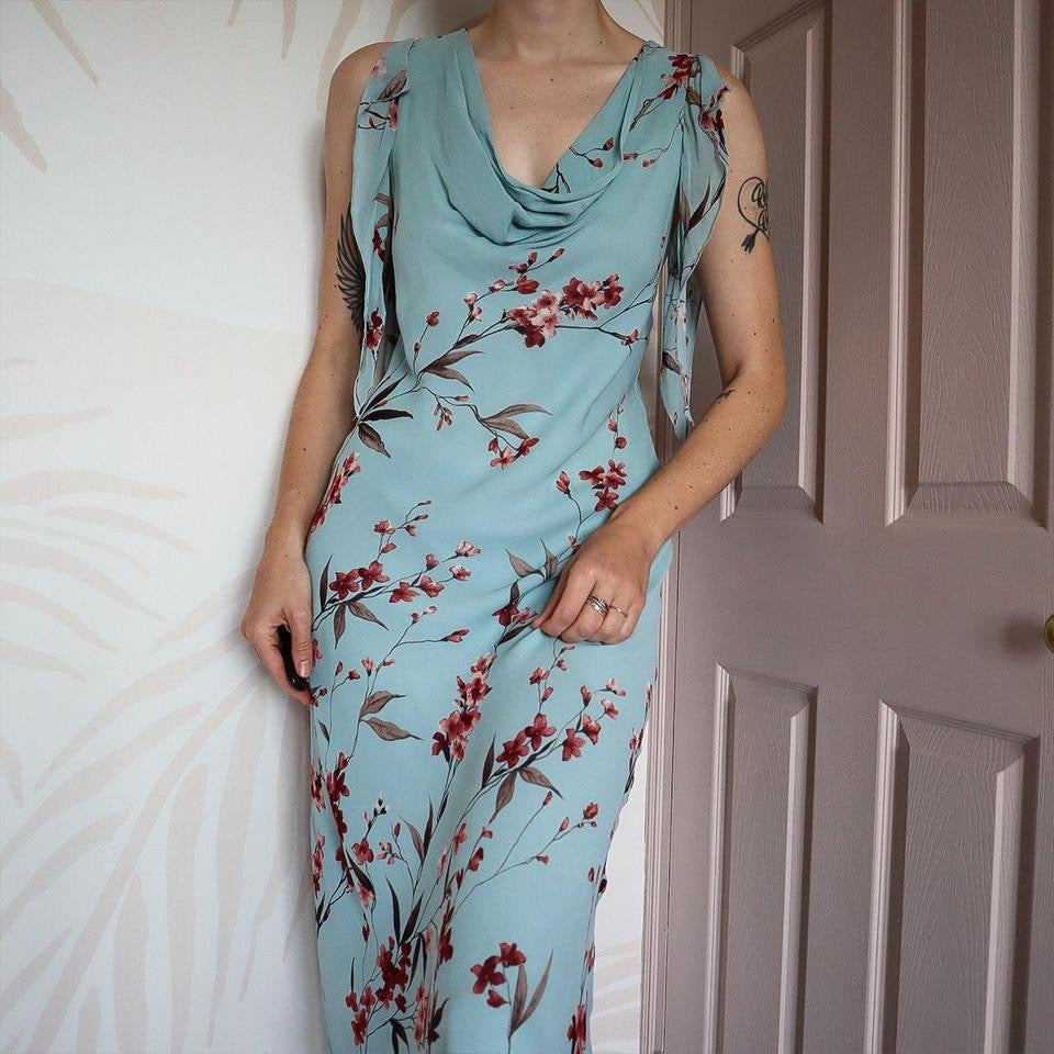 Blue floral evening slip dress size UK 12
