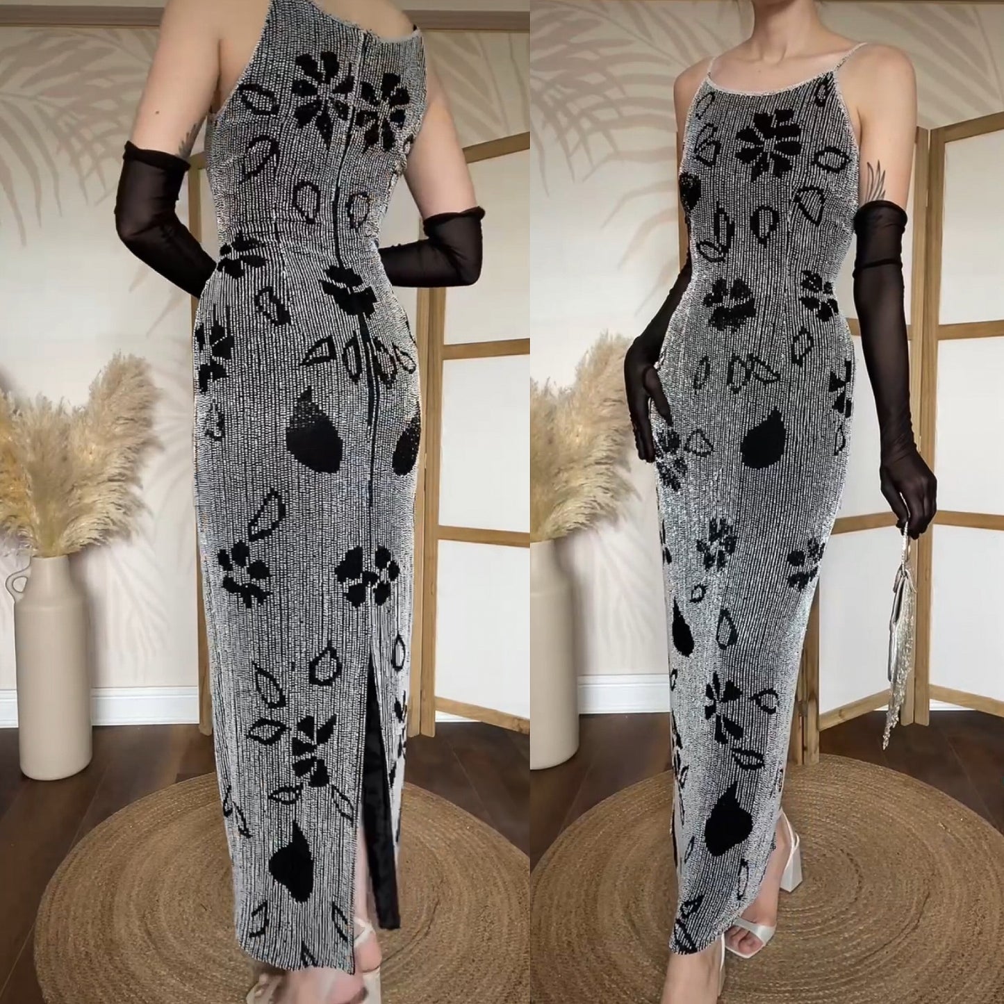 Black & white Serenade silk beaded gown uk 10-12