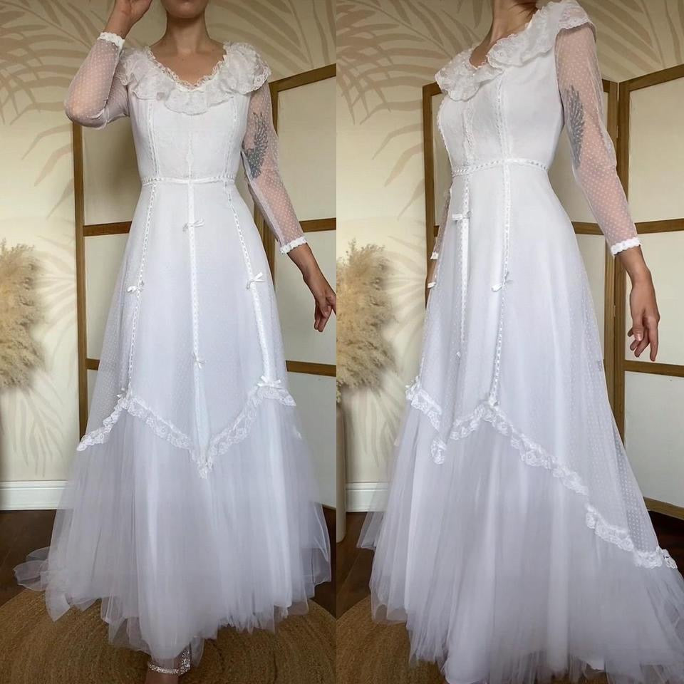 Vintage Ellis 70s white polka dot lace wedding dress uk 10-12