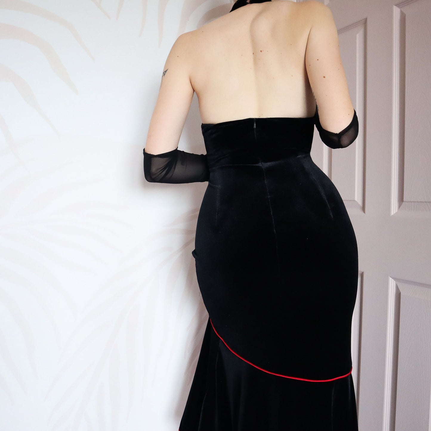 Vintage Niki Livas black velvet halter neck gown UK 12 & 14