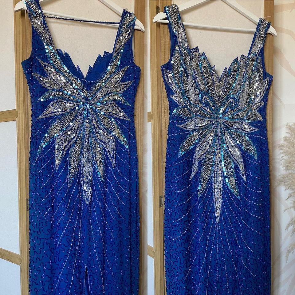 Blue 100% silk beaded evening dress uk 12