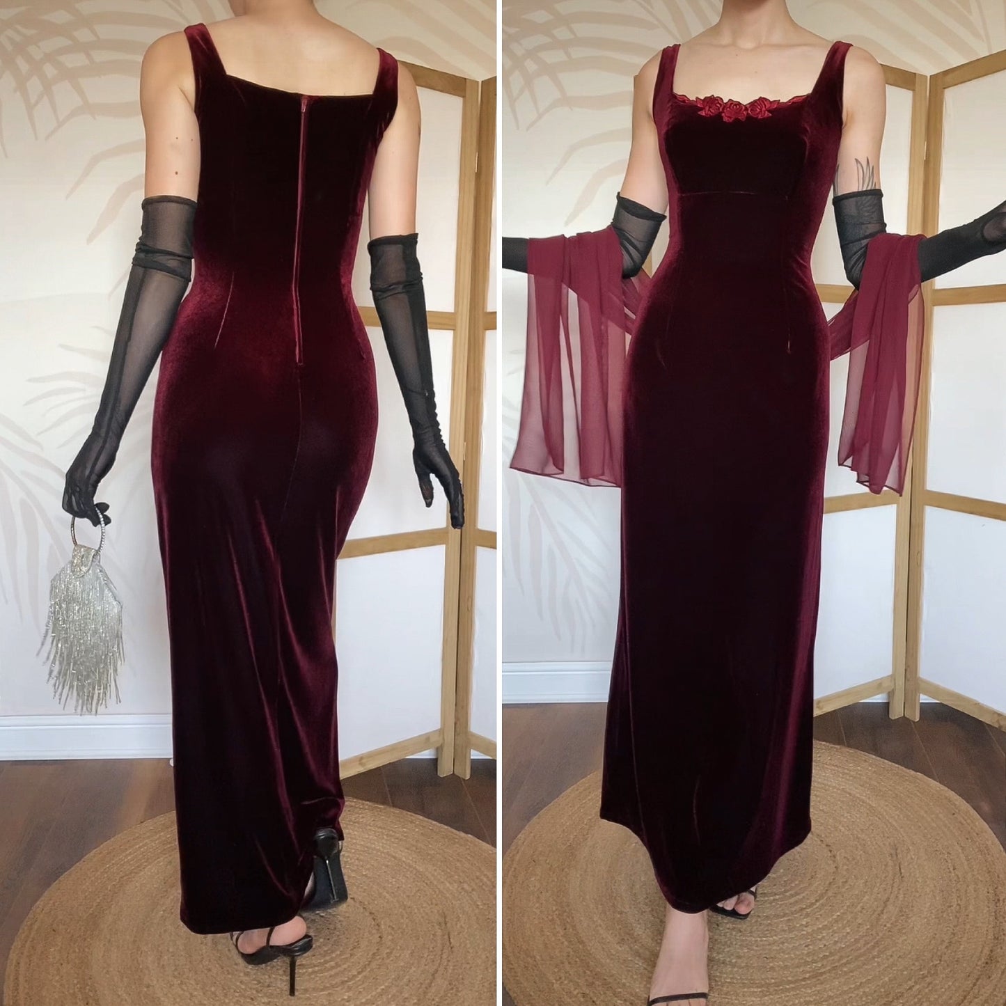 Red velvet stretch evening dress & shawl uk 10