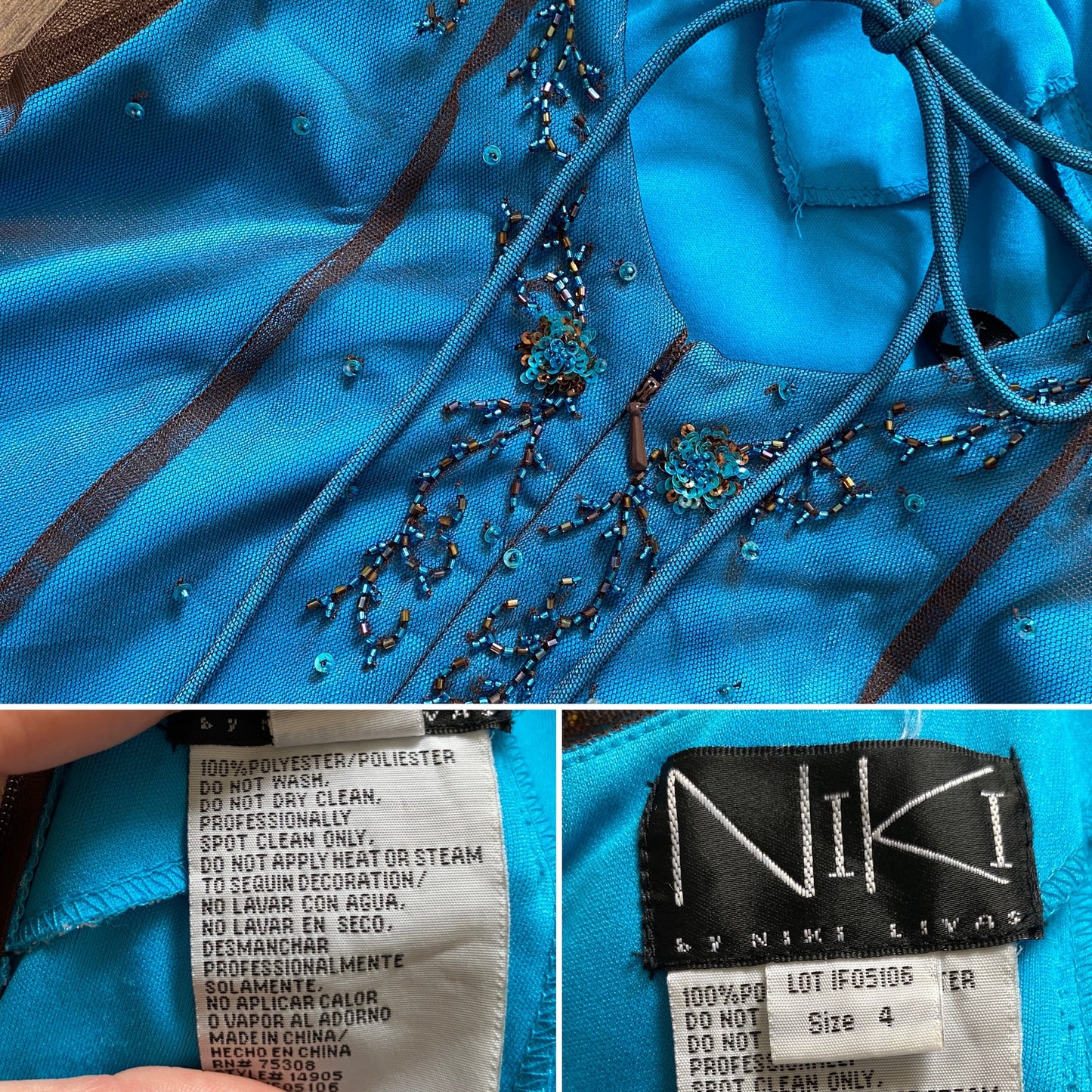 Niki Livas blue stretch halter-neck beaded dress uk 8