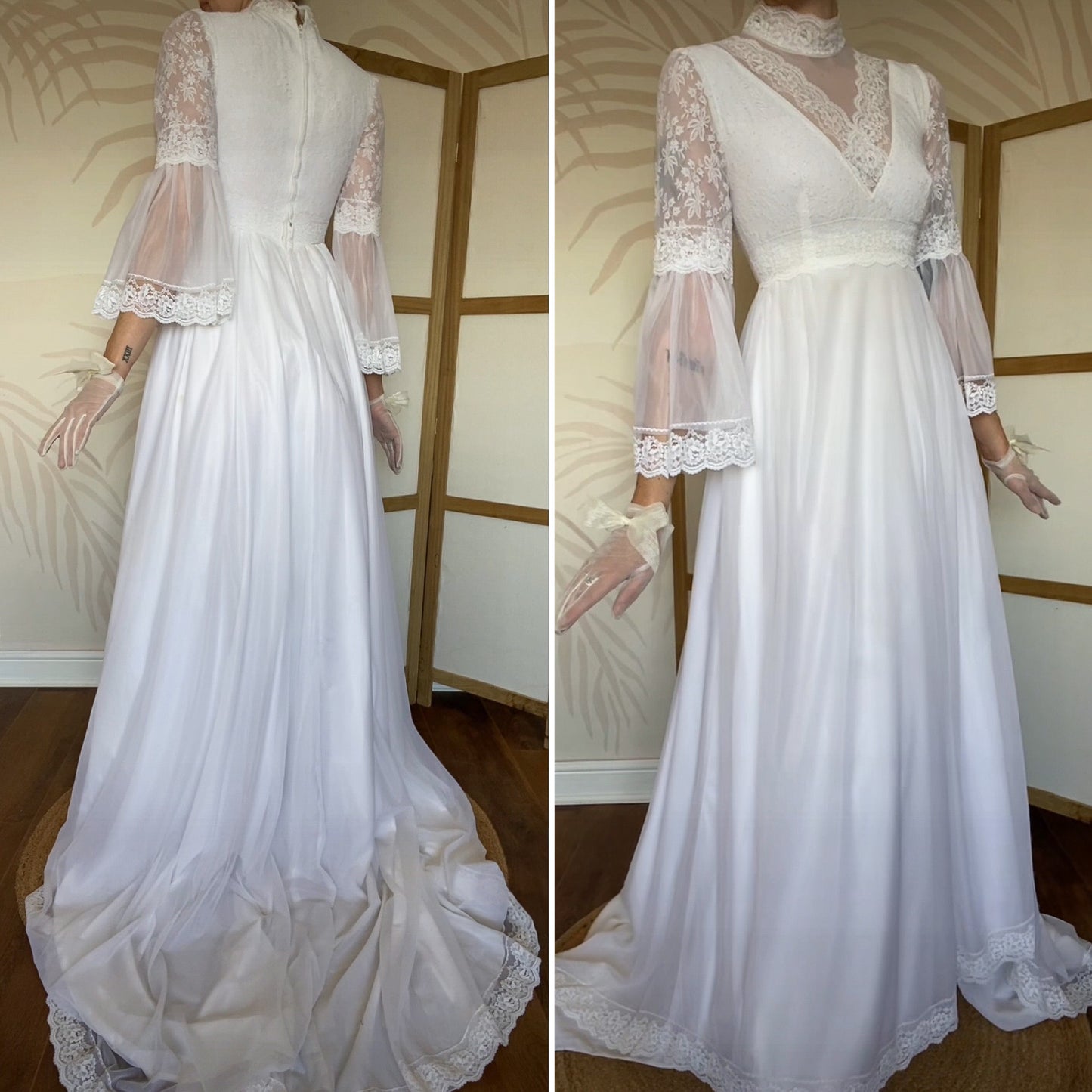 60s white lace flared sleeve wedding dress uk 8