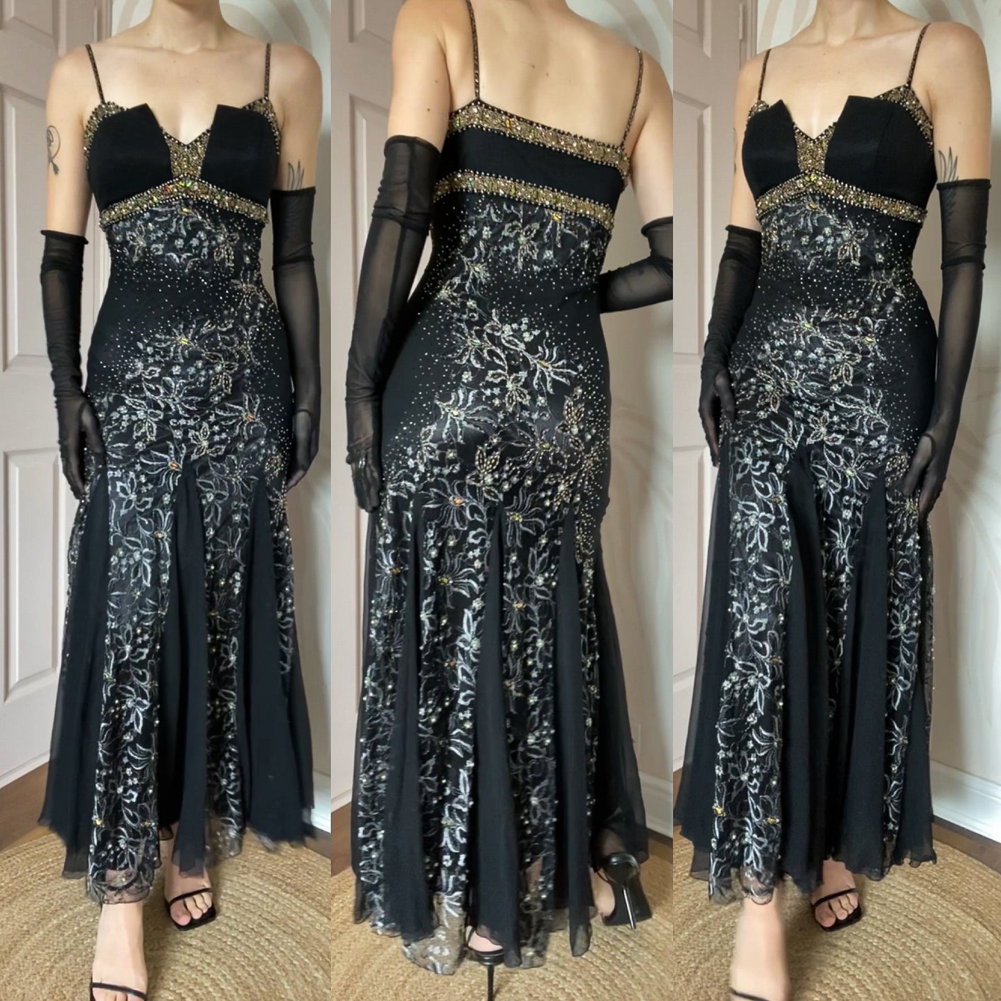 100% silk beaded lace black dress UK 10-12