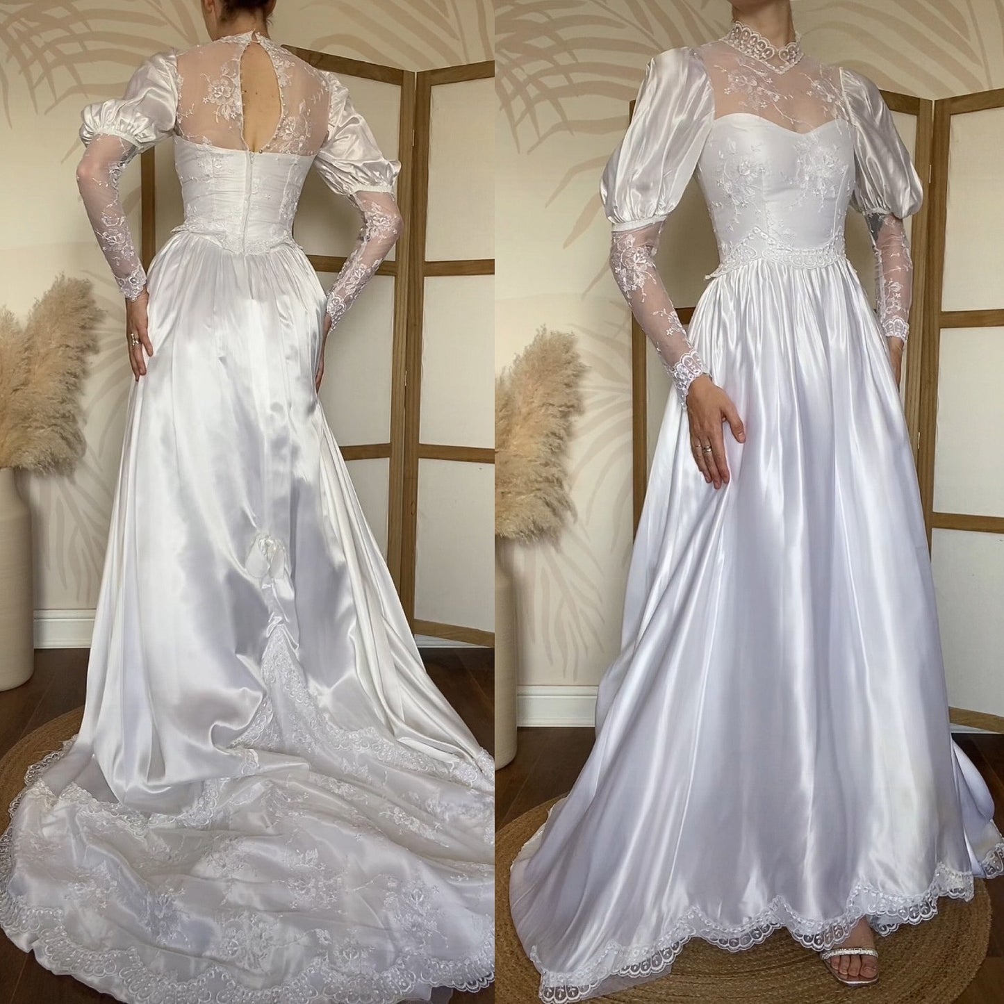 White satin & lace 80s wedding dress UK 6/XS