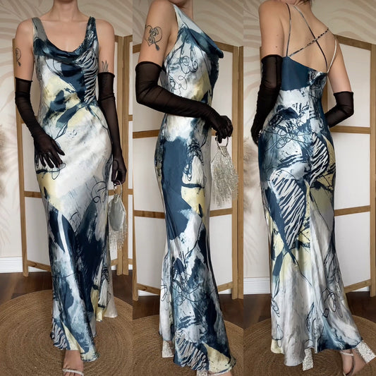 Silk blend print evening slip dress UK 10-12