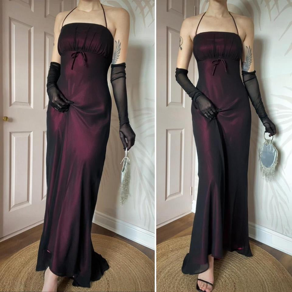 Pink & black halterneck evening dress UK 12