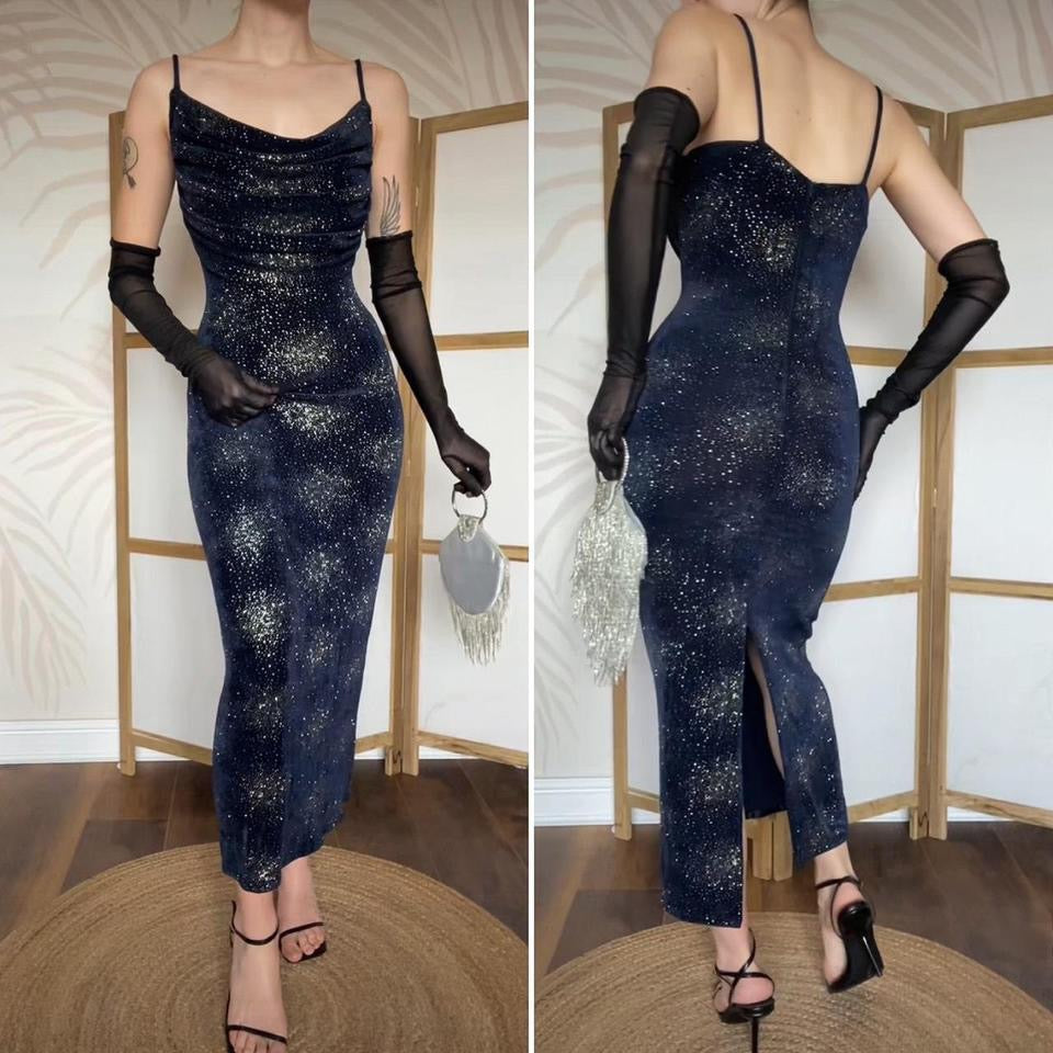 Navy glittery stretch evening dress UK 12-14