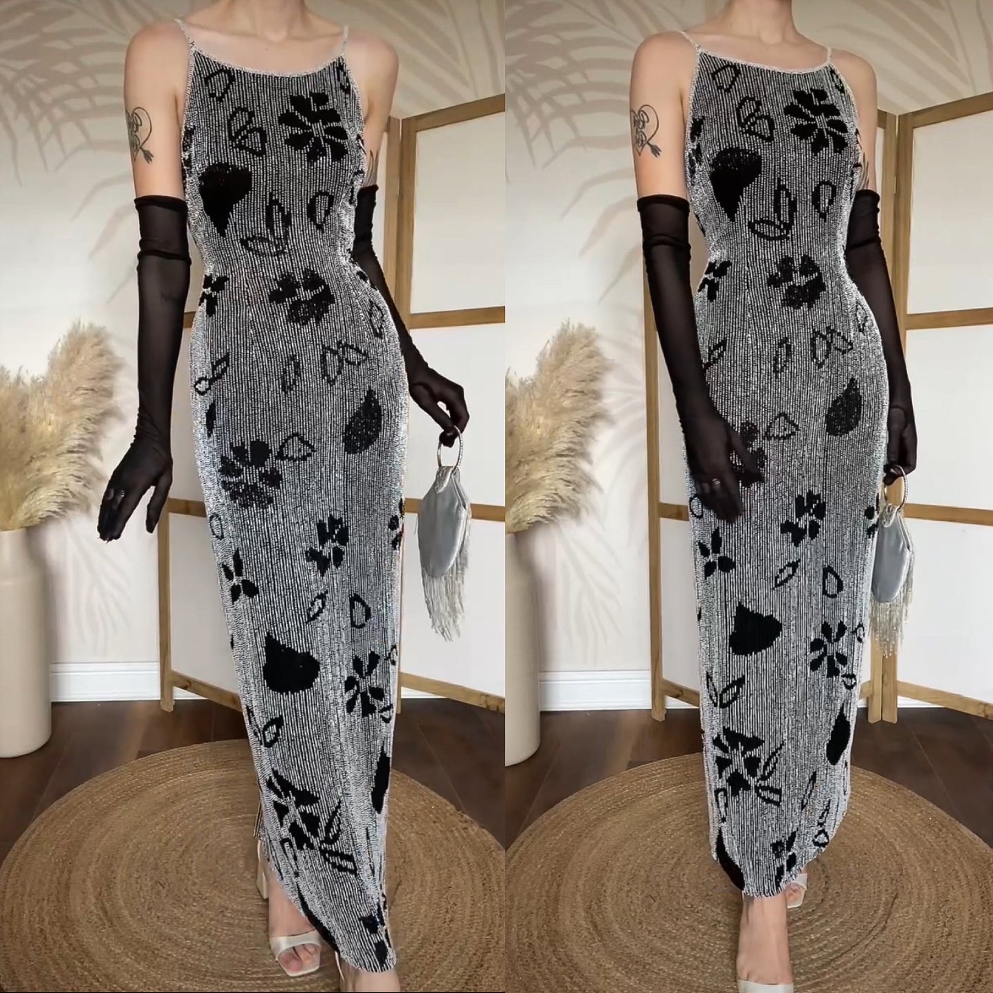 Black & white Serenade silk beaded gown uk 10-12