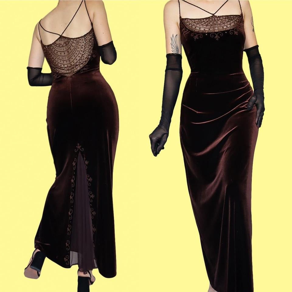 Vintage 90s Dave & Johnny Brown Velvet Beaded Evening Gown UK Size 16